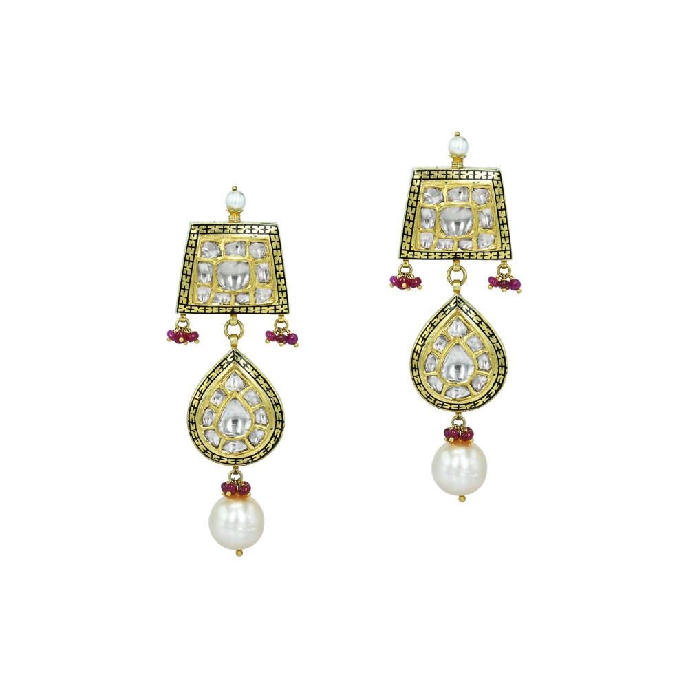 Geometric Polki Earrings with Ruby Beads, Partash work, and Pearls